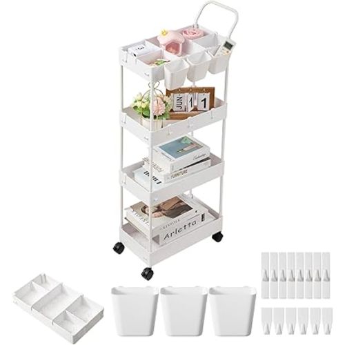 danpinera Storage Cart, 4 Tier Narrow Rolling Storage Cart with Wheels Dividers Bathroom Cart Organizer Slim Laundry Cart with Handle Hanging Cups Hooks, White