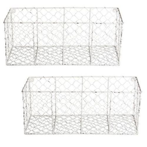 Medium Antique Wire Chicken White Wall Mount Basket Set/2