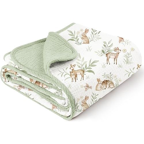 Konssy Muslin Baby Blankets for Girls Boys, 100% Cotton Crib Blanket for Infant Toddler, Super Soft and Lightweight Nursery Swaddling Wrap 40"x36" (Woodland)