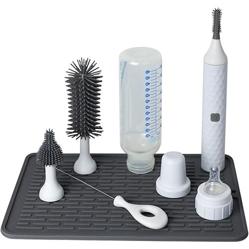 Cleaning Brush Set with USB Rechargeable Electric Bottle Brush, 3-Piece Replaceable Silicone Bottle Brush and 8 * 12 inch Silicone Drying mat,Straw Brush Included in Storage Box(White)