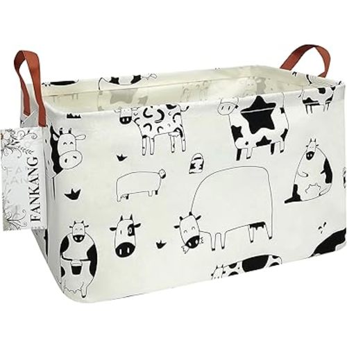 FANKANG Storage Basket,Nursery Hamper Canvas Laundry Basket Foldable with Waterproof PE Coating Storage, Office, Bedroom, Clothes,Toys(L, Rec-cows)