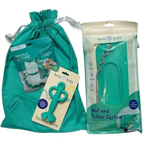 Busy Baby Gift Set - Silicone Placemat with Suction Cups, Bottle Bungee, Teething Spoon and 4 Universal Straps, Keeps Baby Essentials Like Bottles Within Reach & Off The Floor (Spearmint)