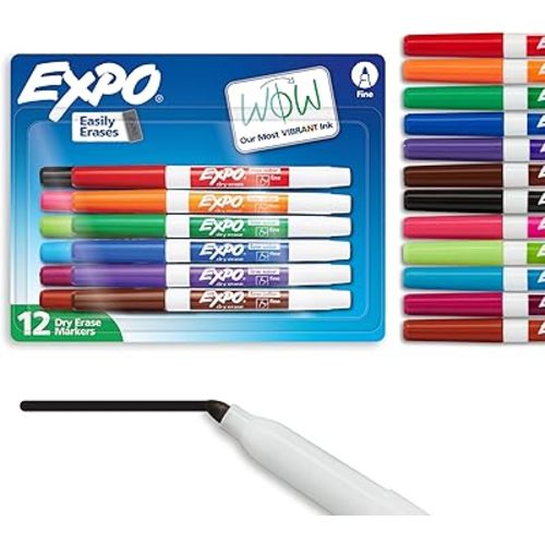 EXPO Dry Erase Markers, Low Odor Ink, Assorted Colors, Fine Tip, 12 Count - Whiteboard, Calendar, Organization, Essential Supplies for Office, School, Classroom, Teachers