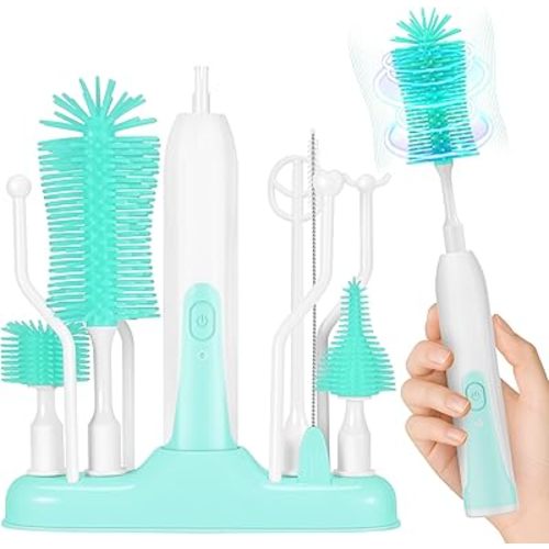 Electric Bottle Brush Cleaner,Electric Baby Bottle Brush Cleaner with Formula Mixer, Silicone Bottleneck brush,Nipple&Straw Brush, Soap Dispenser, Drying Rack -Perfect Baby Essentials After Birth Gift
