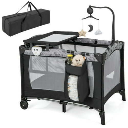 Resenkos Multi-Functional Baby Playpen with Mattress and Removable Changing Table-Gray, Portable Bassinet for Baby for Babies and Toddlers
