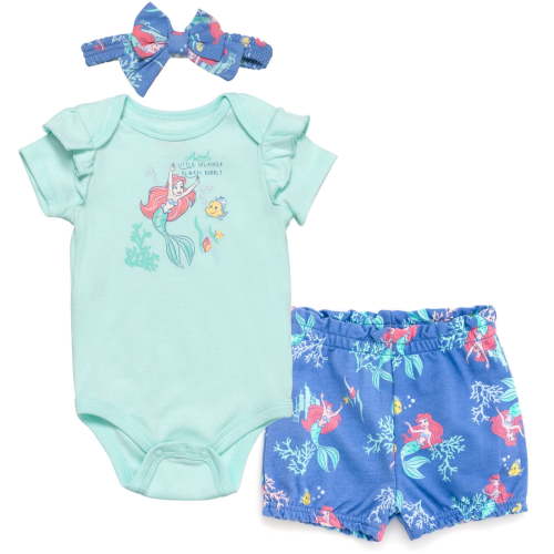 Disney Princess Ariel Bodysuit French Terry Bubble Shorts and Headband 3 Piece Outfit Set Newborn to Infant