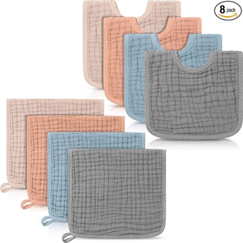 Tallew 8 Pack Muslin Burp Cloths and Baby Bibs for Boy Girl 20" x 10" Cotton Baby Bandana Drool Bibs Muslin Burp Cloths Absorbent Rag for Newborn Toddler Infant Gifts(Vivid Color)