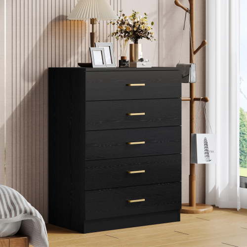 UHOMEPRO Black 5 Drawer Dresser, Chest of Drawers for Bedroom, Modern Storage Cabinet Dresser Organizer Unit with Handle for Living Room, Closet, Hallway