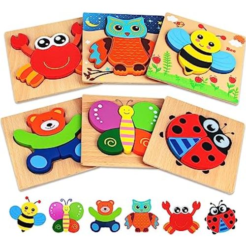 Dreampark Wooden Puzzles for Toddlers Ages 1-3, Montessori Toys for 1 2 3 Years Old Girls Boys Baby Kids Puzzle Learning Educational Christmas Birthday Gifts Toys 6 Pack Animal Jigsaw Puzzle