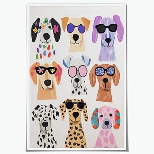 Colorful Funny Dog Wall Art Cool Puppy Portrait Canvas Print Trendy Dog Wearing Glasses Pet Poster Maximalist Picture Funky Animal Painting Modern Decor for Kids Room Nursery 12x18inch Unframed