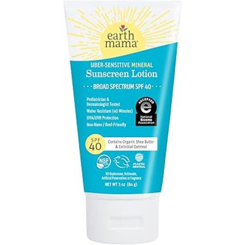 Earth Mama Uber-Sensitive Mineral Sunscreen Lotion SPF 40 | Non-Nano Zinc, Contains Organic Colloidal Oatmeal | Steroid-Free Eczema Cream for Baby, Kid & Family, 3-Ounce