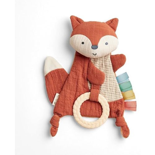 Itzy Ritzy - Bitzy Crinkle Sensory Toy Fox with Crinkle Sound for Babies & Toddlers - Features Soft Braided Teething Ring & Textured Ribbons, Designed for Ages 0 Months and Up, Fox