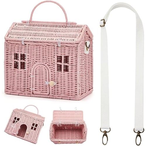 Wettarn Handmade Rattan Doll House Rattan House Shape Shoulder Bag Wicker Basket with Lid for Doll Toys Storage Basket Small Dollhouses Cute Woven Handcrafted Artwork Gift(Pink)