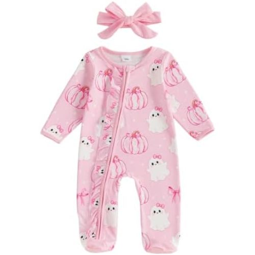 Halloween Newborn Girl Outfit Ghost Ruffle Footed Romper Jumpsuit One Piece