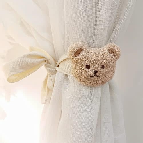2 Pack Cute Curtain Tiebacks Cartoon Bears Embroidered Animal Shape Bedroom Accessories(Beige)