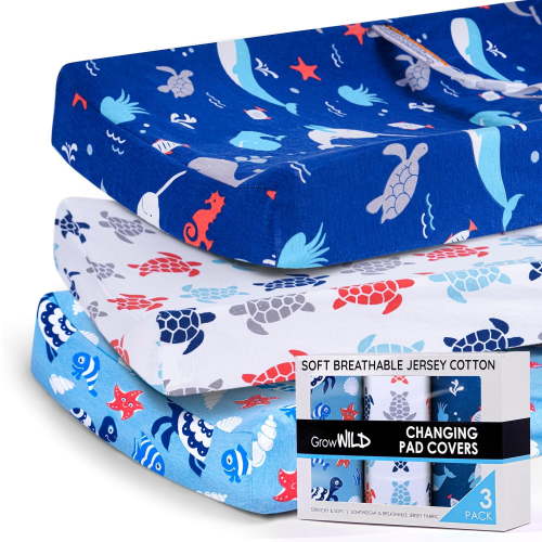 GROW WILD Changing Pad Cover 3 Pack | Soft & Stretchy Jersey Cotton | Baby Changing Table Pad Cover | Diaper Changing Pad Covers for Girls and Boys (Ocean & Under The Sea)