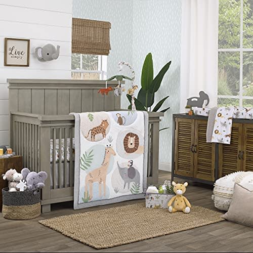 NoJo Jungle Trails Grey, Green & Gold Elephant, Lion & Giraffe 4Piece Nursery Crib Bedding Set - Comforter, 100% Cotton Fitted Crib Sheet, Crib Skirt, & Storage, Grey, Green, Gold, White
