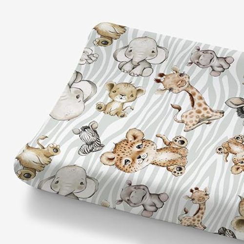 African Safari Jungle Animals Changing Pad Cover Baby Girls Boys, Giraffe Elephant Leopard Lion Zebra Diaper Change Table Sheet, Soft Stretchy Safe Snug Fitted Changing Mat Fit 32"/34" x 16" - one size