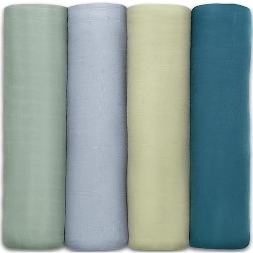 Comfy Cubs Muslin Swaddle Blankets Pack of 4, 47 x 47 Inches, Soft Cotton Baby Blanket Set, Large Multipurpose Swaddling Wraps for Newborns - Self-Soothing Swaddle - Sage, Pacific Blue, Fern, Neptune