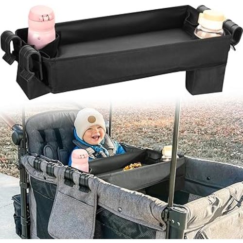 Upgraded Stroller Snack Tray for Wonderfold Wagon W4 Series - Kids Toy Placement - Faux Leather Sides - Easy to Clean - Deeper Cup Holder - Reinforced Sides (W4 Model)