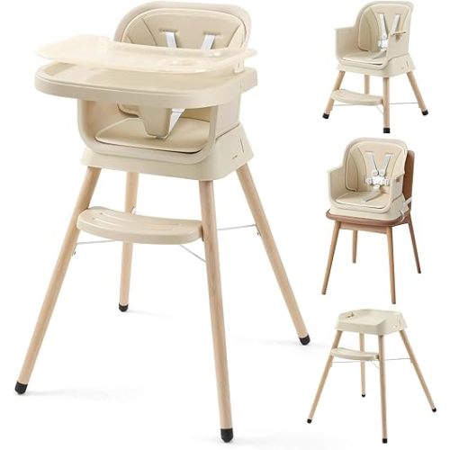 3-in-1 Convertible Baby High Chair, Booster Seat for Dining Table, Wooden High Chair for Babies and Toddlers, Easy Clean Infant Highchair with Removable Double Tray & 5-Point Harness, Beige