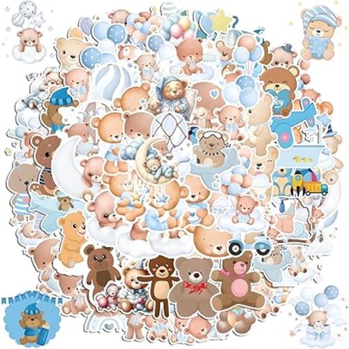 100pcs Baby Stickers for Scrapbooking Cute Baby Bear Stickers Bulk Kawaii Babies Shower Sticker Babies Boy Sticker for Water Bottles Kids Classroom Rewards Supplies Party Supply