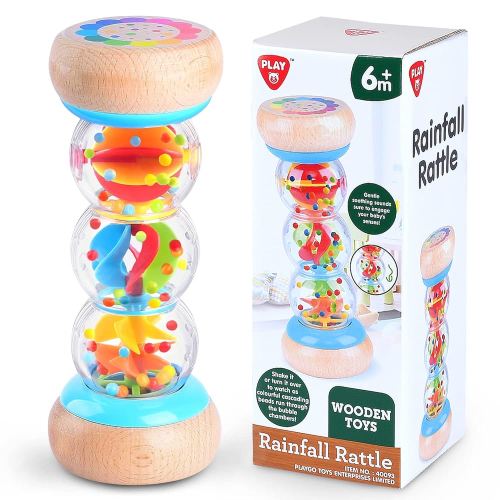 PLAY Rainmaker - 7 inch Wooden Rainbow Rain Stick Montessori Toys for Babies 6-12 Months, Baby Rattle Shaker Sensory Developmental Toy, Raindrops Musical Instrument