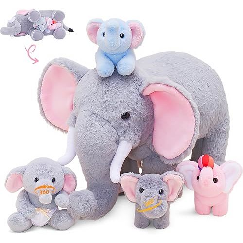OUOZZZ Elephant Stuffed Animal with 4 Baby Elephants – Interactive Plush Toy Set with Crinkly Ears, Rotating Trunk – Travel-Friendly & Portable Gift for Baby Girls, Boys, Toddlers & Kids 14" x 6.3"
