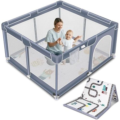 Suposeu Baby Playpen with Mat, Portable Baby Play Yard for Toddler, Safety Baby Gate playpen with Soft Breathable Mesh, Indoor and Outdoor, Large Kids Activity Centery (Grey)