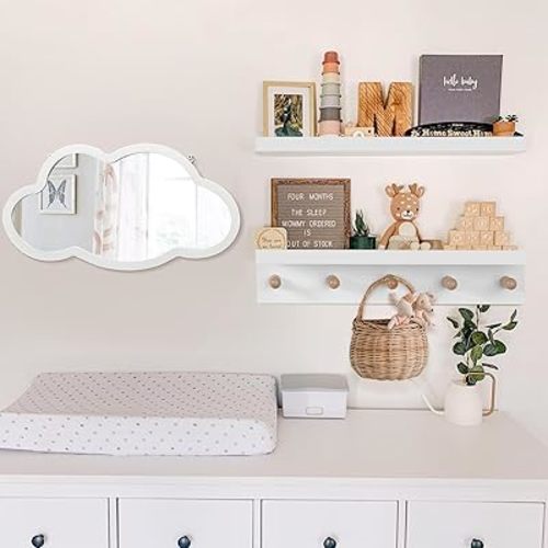 COMAX Nursery Floating Book Shelves with Wall Mirror, Kids Room Bedroom Hanging Book Shelves, Baby Book Shelf White
