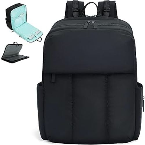 MOMINSIDE Diaper Bag Backpack - Extra Large Puffer Diaper Bag - Neoprene Diaper Bag Quilted Baby Bag for 2 Kids Boys Girls, Large Changing Pad, Stroller Straps, 15 Pockets, Black