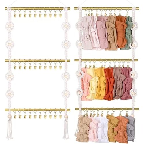 POVETIRE Baby Headband Holder, Hair Bows and Accessories Storage Organizer, Wall Hanging Decor for Nursery Toddler Girls Room (Beige-3)