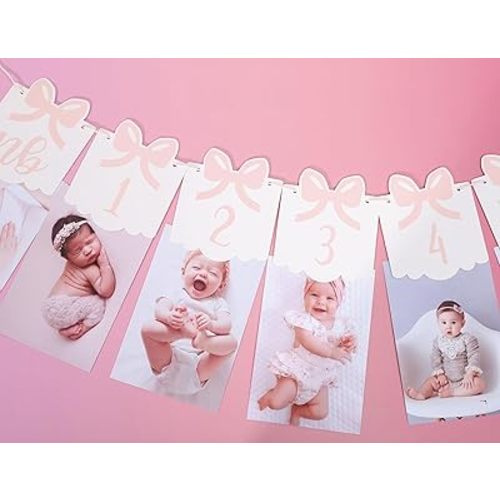 12 Month Bow Photo Banner - Milestone Bow Banner, Newborn To 12 Months, 1st Birthday Photo Banner For Baby From Newborn To 12 Months