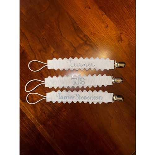 Embroidered Monogram Pacifier Clip, Ric Rac Ribbon Paci Holder