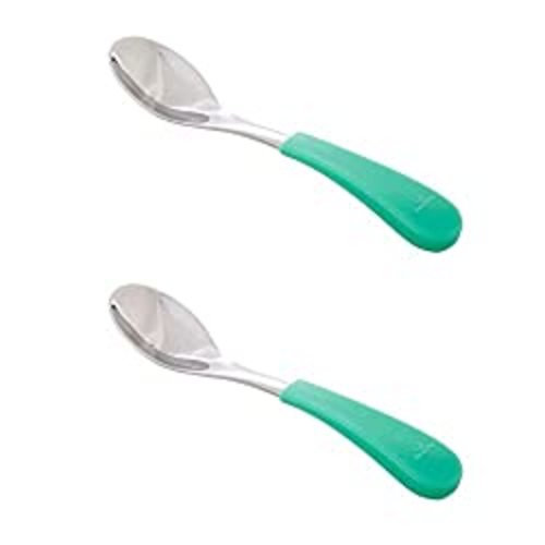 Avanchy First Stage Baby Spoons Stainless Steel, Soft Silicone Handle Baby Spoons, Training Spoon, Gift Set for Baby (Green) - Green Spoons