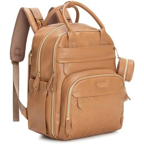 BabbleRoo Leather Diaper Bag Backpack - Baby Essentials Travel Baby Bag, Multi function, Waterproof, with Changing Pad, Stroller Straps & Pacifier Case – Unisex, Light Brown