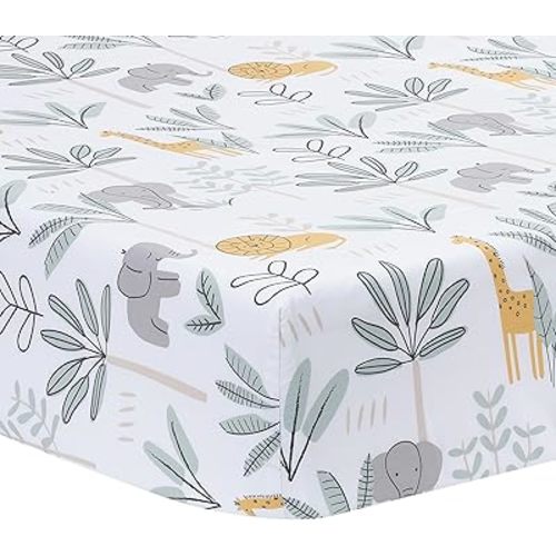Lambs & Ivy Jungle Adventure 100% Cotton Baby/Toddler Fitted Crib Sheet - White