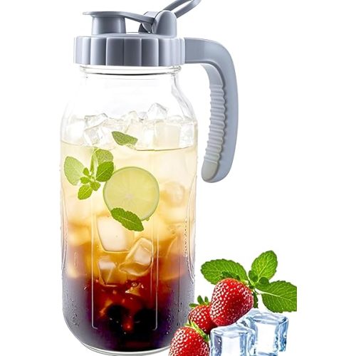 64 Oz Glass Mason Jar Water Pitcher With Lid Half Gallon Wide Mouth Sun Tea Pitchers 2 Quart Cold Brew Hot Water Jug Carafe For Coffee,Lemonade, Beverage,Milk,Juice Container For Refrigerator