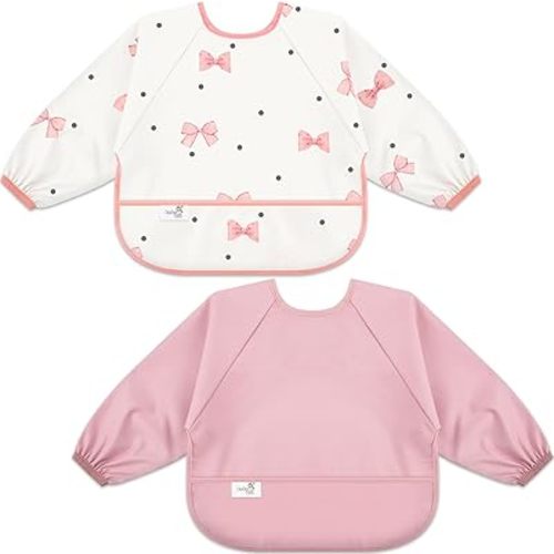 Lot de 2 bavoirs à manches longues pour bébé, tissu imperméable, couverture complète avec poche fourre-tout, 6-24 mois