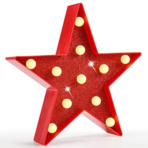 Pooqla Star Marquee Lights, Glitter LED Marquee Star, Red Light Up Star, Lighted Shiny Star Battery Powered for Night Light Birthday Party Wedding Girls Gifts Bar Theater Christmas Decoration, Red