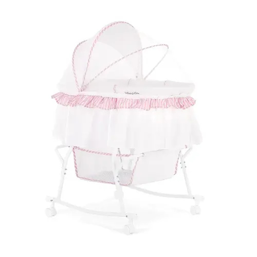 Dream On Me Lacy Portable 2-in-1 Bassinet & Cradle in Pink and White, Lightweight Baby Bassinet with Storage Basket, Adjustable and Removable Canopy
