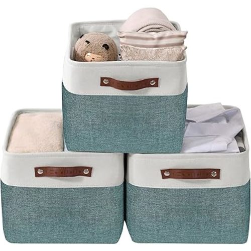 DECOMOMO Storage Bins | Fabric Storage Baskets for Shelves for Organizing Closet Shelf Nursery Toy | Decorative Large Linen Closet Organizer Bins with Handles (Teal and White, Large - 3 Pack)