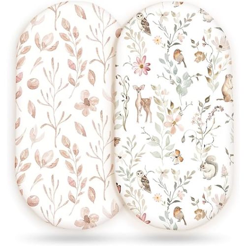 Stretchy Ultra Soft Fitted Bassinet Sheet Set 2 Pack, Universal Fit for Bassinets Baby Cradle Moses Basket Oval Rectangle Mattress Safe and Snug, Beautiful Blush Pink Floral and Cute Animals Print
