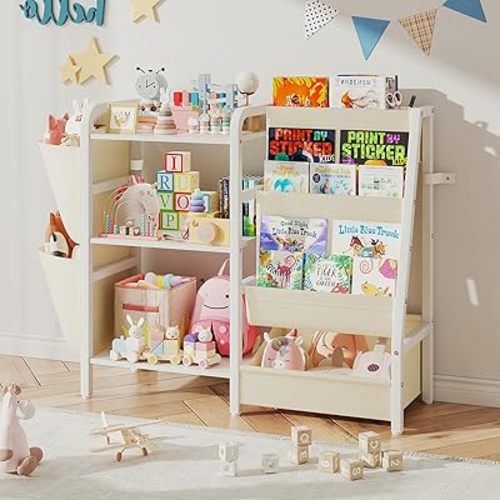 B3 Kids Bookshelf and Toy Storage, Book Shelf for Kids Rooms, 3-Tier Sling Toddler Bookshelf for Small Spaces, Montessori Baby Bookcase for Nursery, Bedroom, Playroom, White
