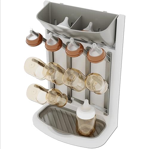 IEEK Baby Bottle Drying Rack,Space Saving Countertop Drying Rack for Baby Accessory & Pump Parts,Suction Cup Wall Mounted Bottle Rack Holder Large Vertical Drying Tower,Grey and White