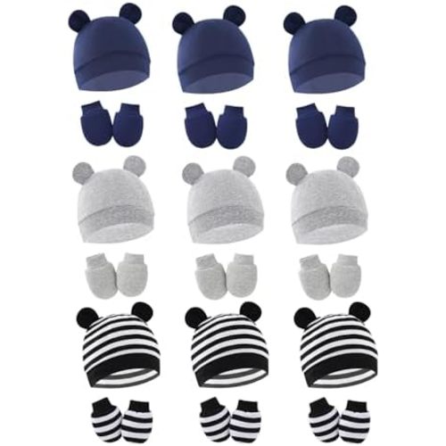 18 Pieces Baby Hat Mitten Sock Sets,Baby Hats Mittens and Socks Unisex Infant Beanie Caps