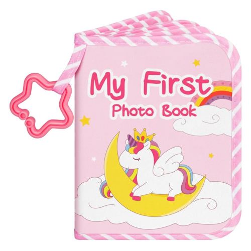 Lanpn Baby Photo Album Holds 17 4x6 Pictures, My First Soft Cloth Family Photo Book with Name Card & Name Tag Sticker, Fabric Kid Memory Keepsake Gift for Baby Shower Newborn Toddler Girl (Unicorn)