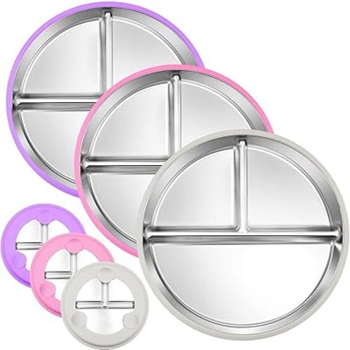 3-Pack Stainless Steel Baby Plates with Suction, BPA-Free Stainless Steel Kids Plates, 9" Divided Toddler Plate for Dishwasher Safe, Non-Slip Silicone Base, Detachable (Pink, Gray, Purple)