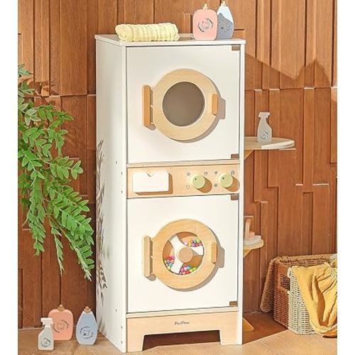 PairPear Toy Washing Machine Wooden Washer and Dryer Laundry Playset for Kids, Wooden Stacking Washer and Dryer Toy with Iron, Pretend Toddler Kitchen Toy with Accessories for Age 3+