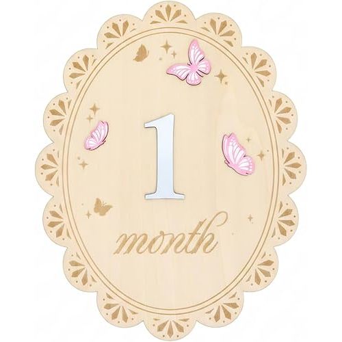 Wooden Baby Monthly Milestone Signs for Girls, 1-12 Month 3D Pink Butterfly Newborn Photography Props, Double Sided Scalloped Oval Milestone Markers, Baby Month Signs for Photoshoot Birth Announcement
